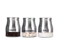 SET Barattoli Sale Zucchero Caffè Tris 3 ACCIAIO ARGENTO Vetro CUCINA 850ML 15cm