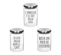 Set 3 Contenitori Trasparenti per Caffè Zucchero Sale 2 da 700ml 1 da 900ml Tris Barattoli Confezione da 3 In Vetro Con Coperchio Acciaio Personalizzati Idea Regalo Arredo Decorazioni Casa Cucina