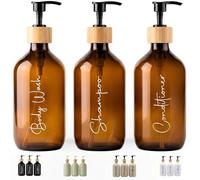 Set 3 Dispenser Sapone Bagno Ambra da 500ml Ricaricabili con Dettagli Bambù - Flaconi Shampoo Bagnoschiuma Balsamo - Dosatore HDPE Infrangibile con Imbuto - Design per un Bagno Ordinato ed Elegante