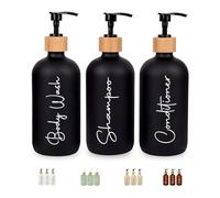 Set 3 Dispenser Sapone Bagno Nero da 500ml Ricaricabili con Dettagli Bambù - Flaconi Shampoo Bagnoschiuma Balsamo - Dosatore HDPE Infrangibile con Imbuto - Design per un Bagno Ordinato ed Elegante