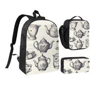 Set 3 in 1 composto da 3 teiere e tazze disegnate a mano con borsa termica per il pranzo, borsa per matite e portapranzo leggera da 17 pollici