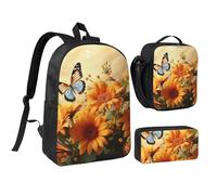 Set 3 in 1 con grazioso zaino con girasole e farfalla con portapranzo isolato, borsa leggera per laptop da 17 pollici, borsa per il pranzo a tracolla e astuccio per matite
