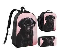 Set 3 in 1 con grazioso zaino nero a forma di carlino con portapranzo isolato, borsa leggera per laptop da 17 pollici, borsa per il pranzo a tracolla e astuccio per matite