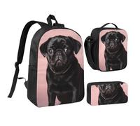 Set 3 in 1 con grazioso zaino nero a forma di carlino con portapranzo isolato, borsa leggera per laptop da 17 pollici, borsa per il pranzo a tracolla e astuccio per matite