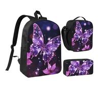 Set 3 in 1 con grazioso zaino viola a forma di farfalla con borsa termica per portapranzo, borsa per laptop leggera da 17 pollici, borsa per il pranzo a tracolla e astuccio, 3 in 1