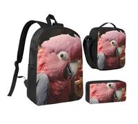 Set 3 in 1 con zaino a forma di cacatua rosa grigio rosa con portapranzo isolato, borsa leggera per laptop da 17 pollici, borsa per il pranzo a tracolla e astuccio per matite
