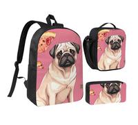 Set 3 in 1 con zaino a forma di carlino e pizza, con portapranzo isolato, borsa per laptop leggera da 17 pollici, borsa per il pranzo a tracolla e astuccio per matite