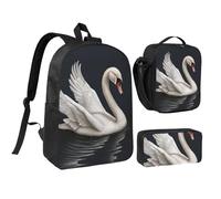 Set 3 in 1 con zaino a forma di cigno bianco con portapranzo isolato, borsa leggera per laptop da 17 pollici, borsa per il pranzo a tracolla e astuccio per matite