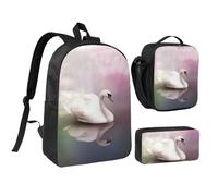 Set 3 in 1 con zaino a forma di cigno bianco con portapranzo isolato, borsa leggera per laptop da 17 pollici, borsa per il pranzo a tracolla e astuccio per matite