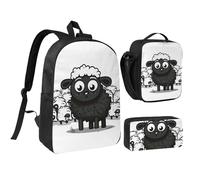 Set 3 in 1 con zaino a forma di pecora nera e bianca, con portapranzo isolato, borsa leggera per laptop da 17 pollici, borsa per il pranzo a tracolla e astuccio per matite