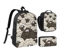 Set 3 in 1 con zaino a forma di pecora nera e bianca, con portapranzo isolato, borsa leggera per laptop da 17 pollici, borsa per il pranzo a tracolla e astuccio per matite