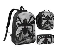 Set 3 in 1 con zaino a forma di ragno nero con portapranzo isolato, astuccio per matite, borse leggere per laptop da 17 pollici, borsa per il pranzo a tracolla e astuccio, 3 in 1