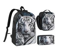 Set 3 in 1 con zaino a forma di tigre bianca con portapranzo isolato, astuccio per matite, borse leggere per laptop da 17 pollici, borsa per il pranzo a tracolla e astuccio, 3 in 1