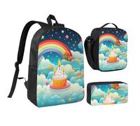 Set 3 in 1 con zaino arcobaleno per compleanno, con portapranzo isolato, borsa leggera per laptop da 17 pollici, borsa per il pranzo a tracolla e astuccio per matite