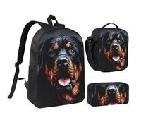 Set 3 in 1 con zaino artistico a forma di rottweiler, con portapranzo isolato, borsa leggera per laptop da 17 pollici, borsa per il pranzo a tracolla e astuccio per matite