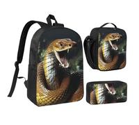 Set 3 in 1 con zaino Cobra Snake con portapranzo isolato, borsa leggera per laptop da 17 pollici, borsa per il pranzo a tracolla e astuccio per matite