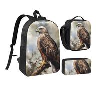 Set 3 in 1 con zaino con acquerello di falco seduto sull'albero, con portapranzo isolato, borsa per matite e portapranzo leggera da 17 pollici