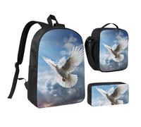 Set 3 in 1 con zaino con colomba della pace con portapranzo isolato, borsa leggera per laptop da 17 pollici, borsa per il pranzo a tracolla e astuccio per matite