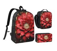 Set 3 in 1 con zaino con fiore rosso e oro, con astuccio termico per portapranzo, borsa leggera per laptop da 17 pollici, borsa per il pranzo a tracolla e astuccio per matite