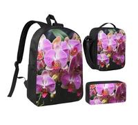 Set 3 in 1 con zaino con orchidee e astuccio termico per il pranzo, borsa leggera per laptop da 17 pollici, borsa per il pranzo a tracolla e astuccio per matite