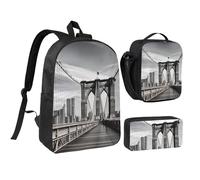 Set 3 in 1 con zaino con ponte di Brooklyn con portapranzo isolato, borsa per laptop leggera da 17 pollici, borsa per il pranzo a tracolla e astuccio per matite