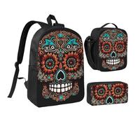 Set 3 in 1 con zaino con teschi di zucchero, con portapranzo isolato, borsa per matite e portapranzo da 17 pollici, leggera borsa per il pranzo a tracolla e astuccio per matite