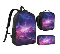 Set 3 in 1 con zaino galassia viola e blu con custodia termica per portapranzo, borsa leggera per laptop da 17 pollici, borsa per il pranzo a tracolla e astuccio per matite