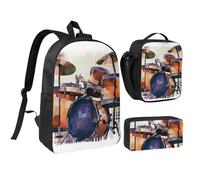 Set 3 in 1 con zaino jazz per batteria con portapranzo isolato, astuccio per matite, borse leggere per laptop da 17 pollici, borsa per il pranzo a tracolla e astuccio per matite