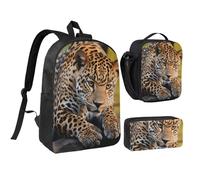 Set 3 in 1 con zaino leopardato africano con astuccio portapranzo isolato, borsa leggera per laptop da 17 pollici, borsa per il pranzo a tracolla e astuccio per matite