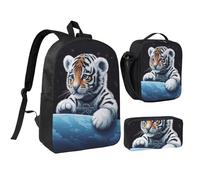 Set 3 in 1 con zaino Little Tiger in Space con portapranzo isolato, borsa leggera per laptop da 17 pollici, borsa per il pranzo a tracolla e astuccio per matite