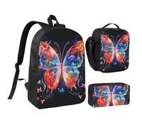 Set 3 in 1 con zaino Musica Farfalla con portapranzo isolato, astuccio per matite, borse leggere per laptop da 17 pollici, borsa per il pranzo a tracolla e astuccio per matite