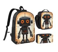 Set 3 in 1 con zaino robot nero con portapranzo isolato, astuccio per matite, borse leggere per laptop da 17 pollici, borsa per il pranzo a tracolla e astuccio per matite