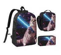 Set 3 in 1 con zaino spaziale con motivo gatto laser spaziale, con portapranzo isolato e astuccio leggero da 17 pollici, borsa per il pranzo e astuccio per matite