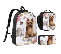 Set 3 in 1 con zaino Yorkshire Terrier Tea Party con farfalle e rose, con portapranzo isolato, astuccio per matite, borse leggere per laptop da 17 pollici, borsa per il pranzo a tracolla e astuccio