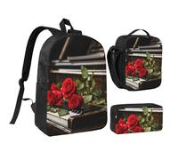 Set 3 in 1 di 3 zaini con rosa rossa su pianoforte, con portapranzo isolato, astuccio per matite, borsa leggera per computer portatile da 17 pollici, borsa per il pranzo a tracolla e astuccio per