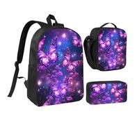 Set 3 in 1 di 3 zaini viola con stampa a farfalla e astuccio termico per il pranzo e portapranzo, borsa leggera per laptop da 17 pollici, borsa per il pranzo a tracolla e astuccio per matite