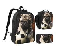Set 3 in 1 di zaino con carlino e pallone da calcio, con portapranzo isolato, borsa leggera per laptop da 17 pollici, borsa per il pranzo a tracolla e astuccio per matite