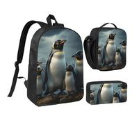 Set 3 in 1 di zaino con famiglia di pinguini con portapranzo isolato, borsa leggera per laptop da 17 pollici, borsa per il pranzo a tracolla e astuccio per matite