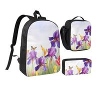 Set 3 in 1 di zaino con iris fiore e farfalla, con portapranzo isolato, borsa leggera per laptop da 17 pollici, borsa per il pranzo a tracolla e astuccio per matite