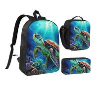 Set 3 in 1 di zaino con tartarughe marine e pittura a diamante, con portapranzo isolato, borsa leggera per laptop da 17 pollici, borsa per il pranzo a tracolla e astuccio per matite