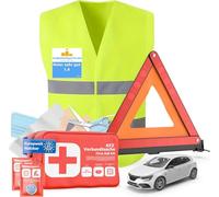 Set 3 in 1 - Kit di pronto soccorso per auto e auto 2024: kit di pronto soccorso conforme alla norma EN ISO 20471, borsa di medicazione e giubbotto di avvertimento, triangolo di avvertimento,