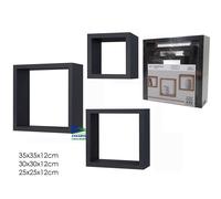 SET 3 MENSOLE CUBI DA PARETE IN LEGNO COLORE NERO KIT DI FISSAGGIO INCLUSO