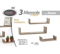 SET 3 MENSOLE DA PARETE DESIGN MODERNO ROVERE SCAFFALI LEGNO KIT MONTAGGIO