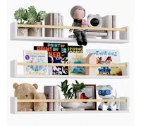 BAKAJI Set 3 Mensole da Parete in Legno, Scaffali a Muro Multiuso e Barra di Protezione Oggetti, Scaffalatura per Camera da Letto, Soggiorno, Cucina, Libreria Salvaspazio 3x60 cm (Bianco e Quercia)