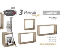 SET 3 MENSOLE RETTANGOLARI LEGNO DA PARETE COLORE ROVERE FACILI DA INSTALLARE