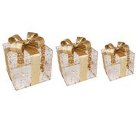 Set 3 Pacchi Dono Natalizi Decorativi con Fiocco Dorato e Luce LED