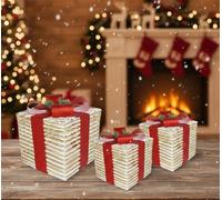 Set 3 Pacchi Regalo LED Natalizi Cesto Intrecciato Oro Rosso 25-20-15 cm