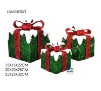 SET 3 PACCHI REGALO LUMINOSI COLORE VERDE BIANCO E NASTRO ROSSO NATALE