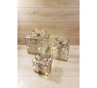 Set 3 Pacchi Regalo Natalizi Luminosi Color Oro Led Bianco Caldo Con Fiocco Oro