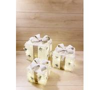 Set 3 Pacchi Regalo Natalizi Luminosi Innevati Led Bianco Caldo Con Fiocco Oro